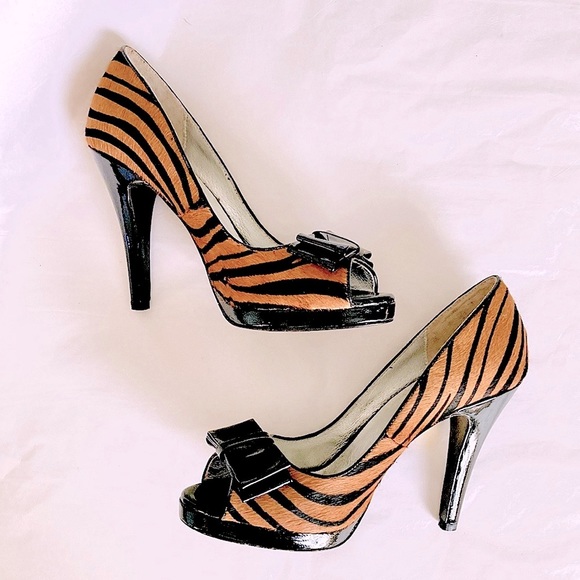 Genuine cowhide tiger print Pumps peep toe Heels - Picture 6 of 9